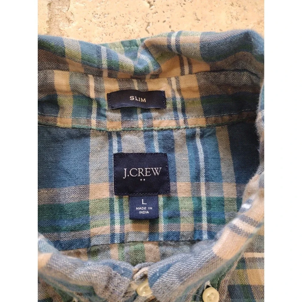 J. Crew Button Down Shirt Man‎ L Green Blue Plaid Short Sleeve Linen Blend Slim